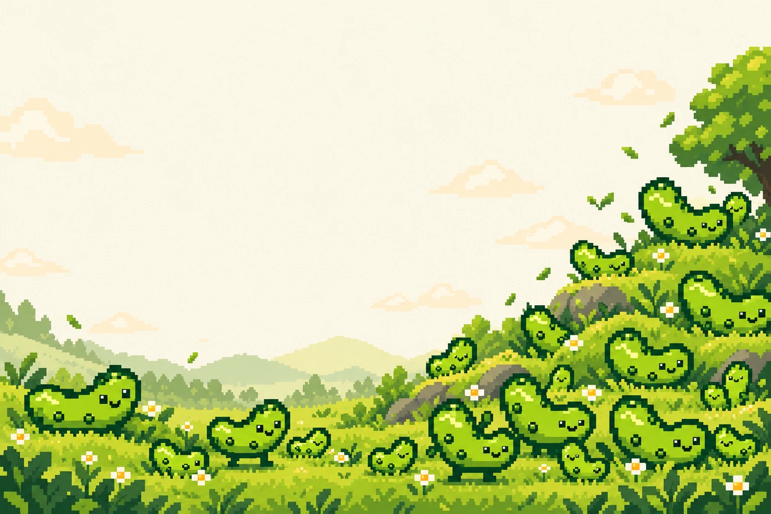 A meadow full of cheerful pixel pickles